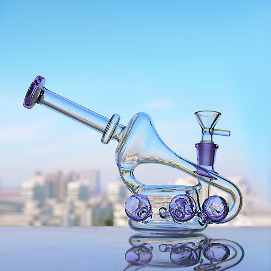 

5.5 inchs purple bongs hookahs heady glass dab rigs smoking pipes recycler unique bong cigarette accessories 14mm bowl