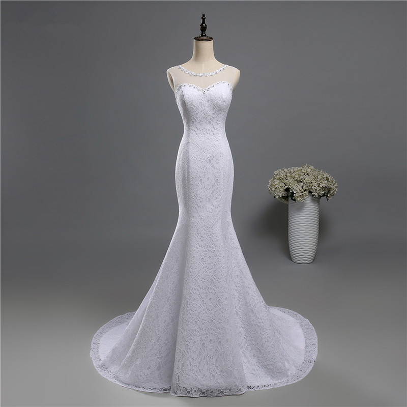 

Scoop Neck Lace Mermaid Wedding Dress with Sweep Train 2019 Lace Up Bridal Gown White Ivory