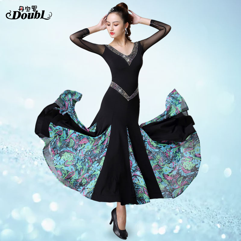 

Doubl Modern Dress High Quality Ballroom Dance Long Sleeve Fashion Competition National Standard Performance Exercise profession, Black