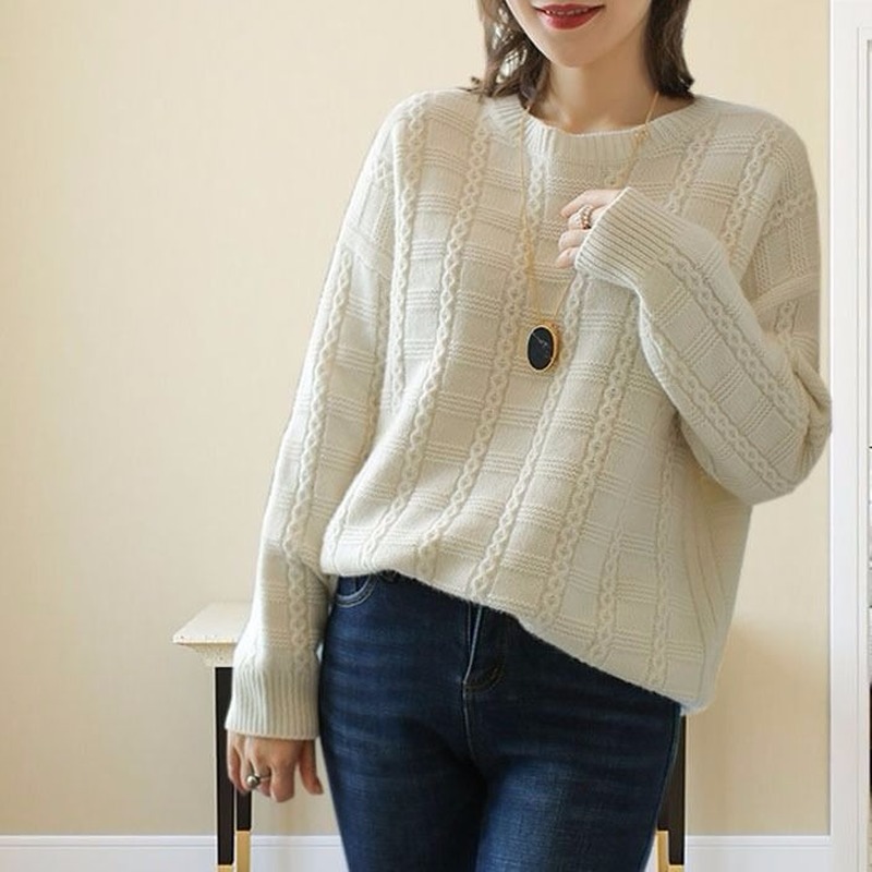 

Round Neck Striped Loose Sweater Women Solid Color Lazy Wind Fashion Was Thin Frill Knit Jumpers Pullover Female Spring, Beige