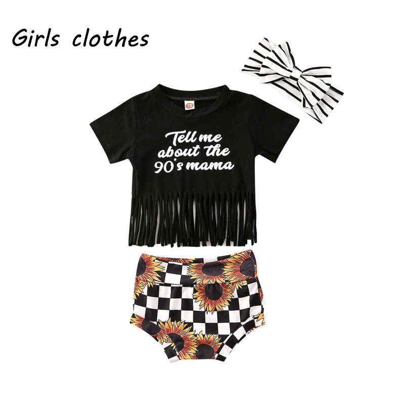 

0-24M Letter printed Tassels T-Shirt Tops+patchwork Shorts+Headband 3pcs clothing set for new born infant baby girls clothes, As pic