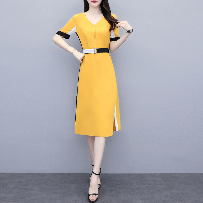 

2020 Spring Summer Plus Size Dress Women Short Sleeve Temperament Slim Chiffon Dress Elegant Ladies Dresses Vestidos 4XL G032, Yellow