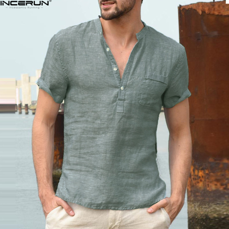 

hot saleComfortable Casual Men Shirts Short Sleeve Henley Collar V Neck Basic Color Button Loose Fit 3XL Camisa Masculina Summer, 3#