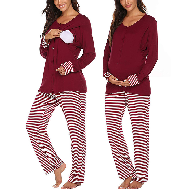 

Pregnant Women's Mother Long Sleeve Button Breast-feeding Top Adjustable Stripe Trousers Home Clothes pregnance Pajama Suit