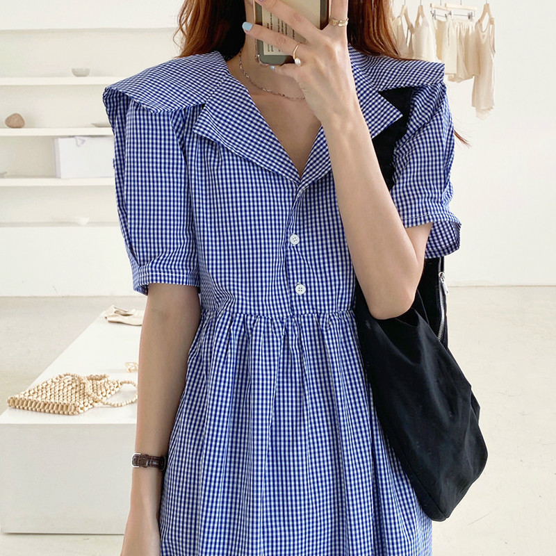 

20615 Plaid Dress Women Korean Chic Sailor Collar Short Sleeve Female Dresses Loose Casual Buttons Slim Waist Lady Vestidos, Blue