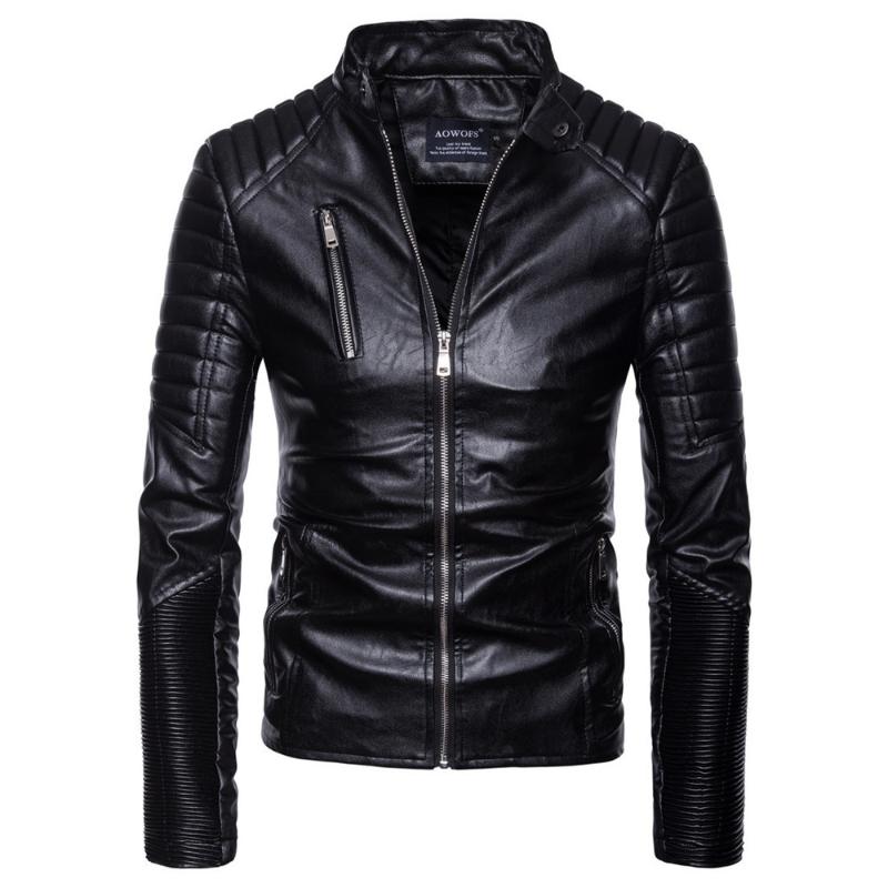 

Men's Autumn Winter Casual Long Sleeve Solid Stand Motorcycle Leather Coat Top #4O11 #F, Black