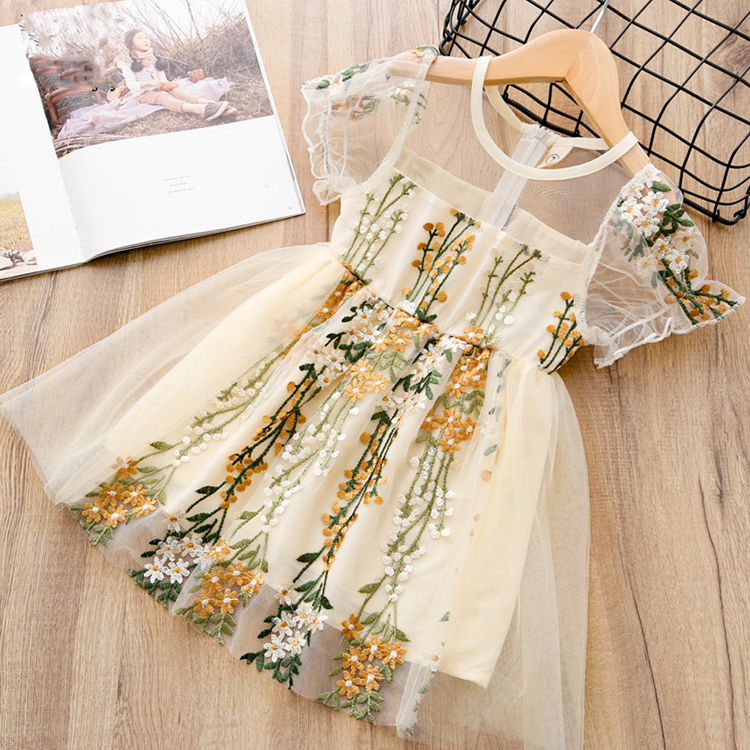 

Girls Dresses Kids Clothes Embroidery Lace Gown Princess Dress Dance Party Toddler Kids Elegant Dress For Girl, Pale yellow