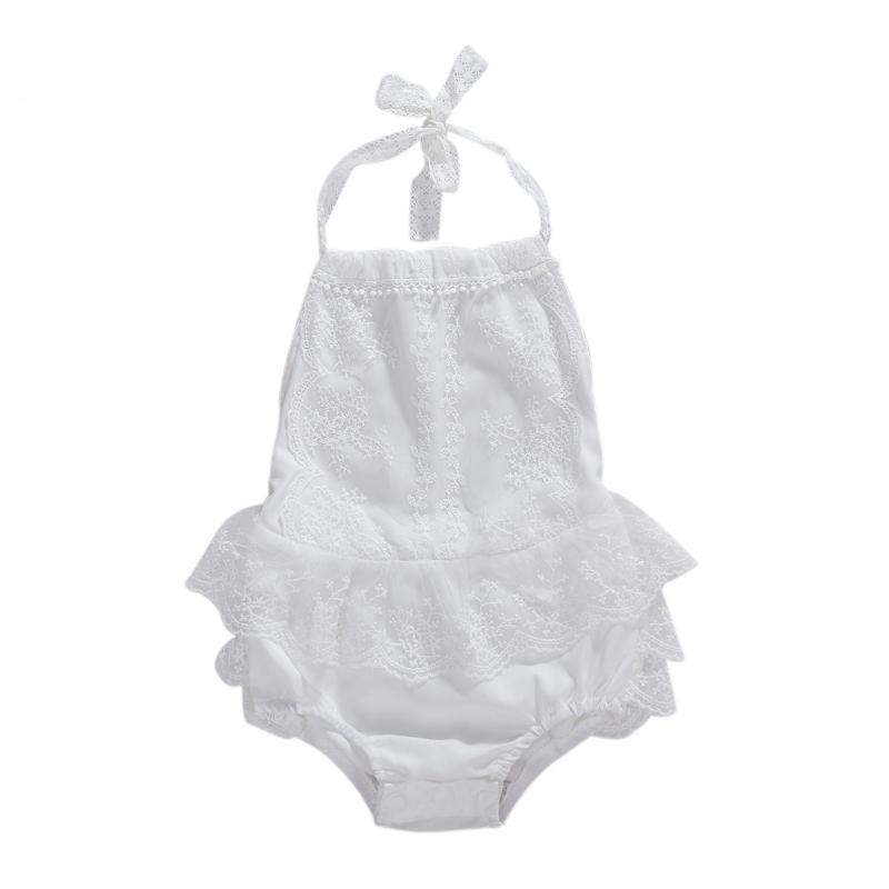 

Baby Summer Clothing Infant Baby Girl White Sling Lace Halter Ruffles Bodysuit Outfits Clothing Size 0-24M, As pic