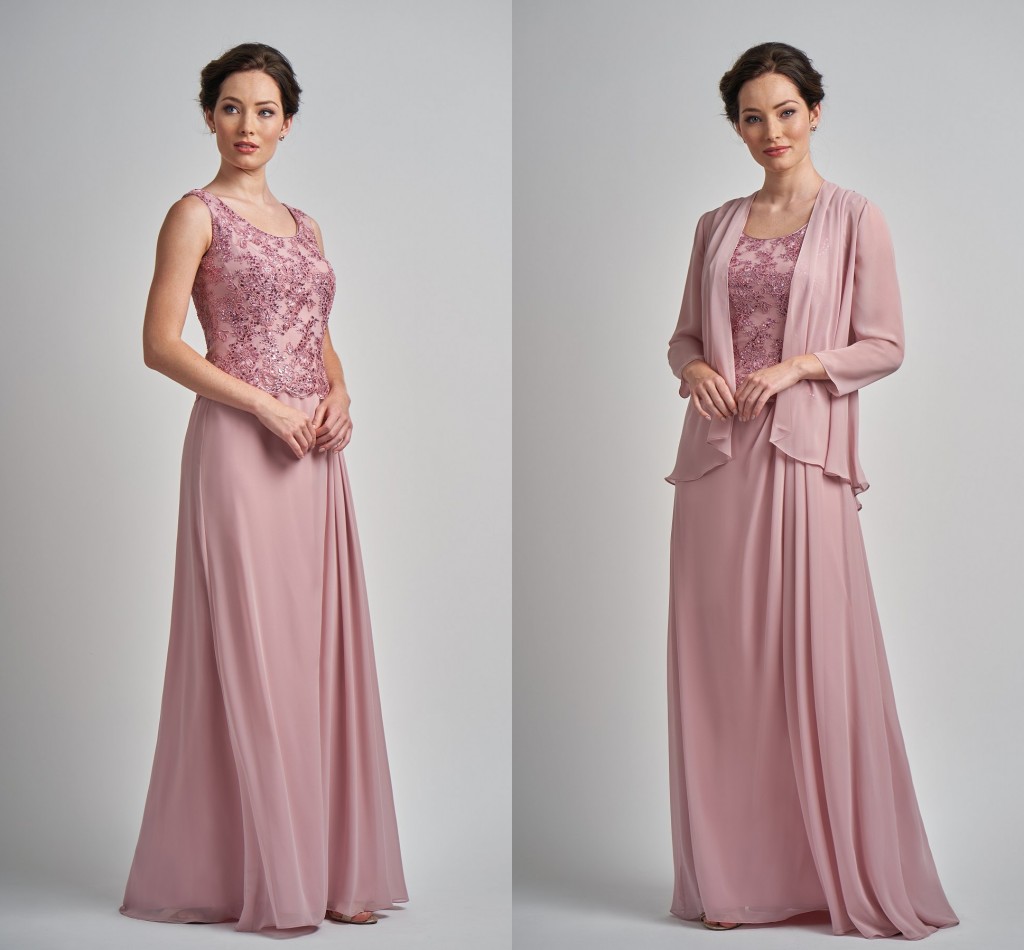 

Romantic Blush Pink Two Pieces Mother of the Bride Groom Suit Dresses For MOB With Jacket Lace Applique Sequins Chiffon Long Formal Gowns