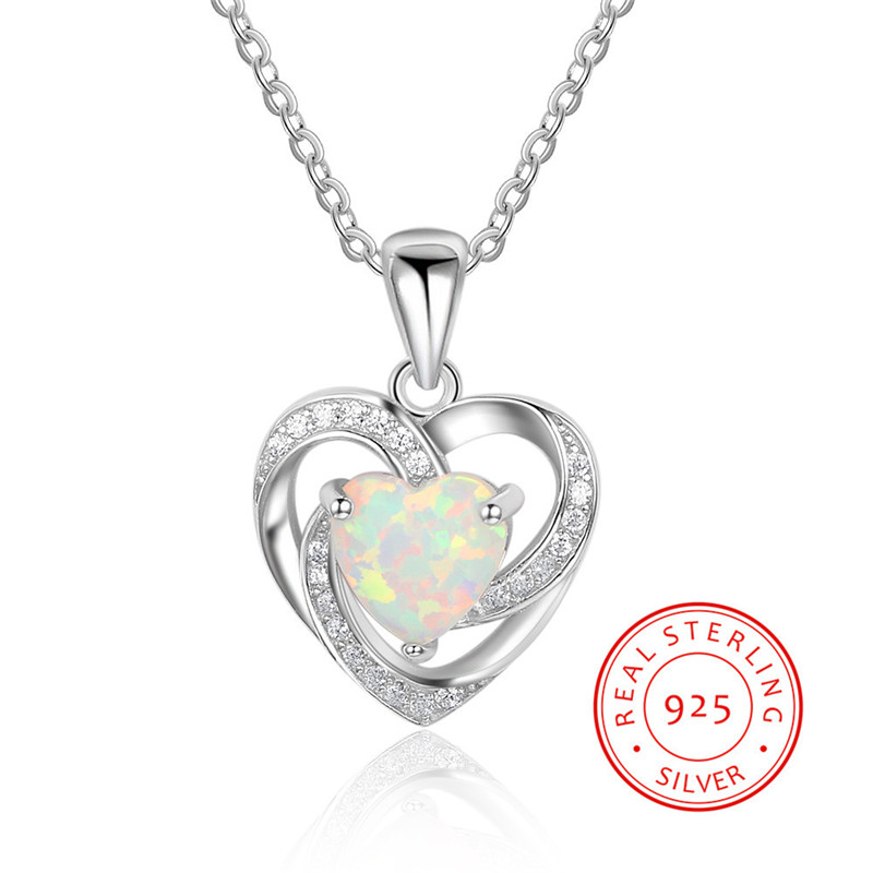 

New Fashion Heart Pendant Necklaces For Women 925 Sterling Silver White Heart Opal Necklace With Zircon Wedding Jewelry