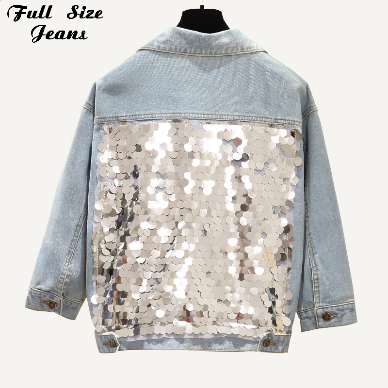 

Plus Size Harajuku Back Sequins Short Denim Jackets 3Xl 4Xl Women Light Blue Three Quarters Sleeve Bomber Jackets Mom Jean, As picture