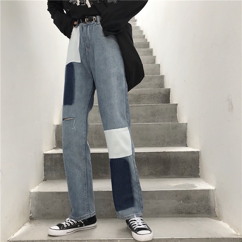 

philosophy Streetwear Patchwork Contrast Block Straight Jeans Women Vintage High Waist Hole Denim Pants Ripped Trousers, Blue
