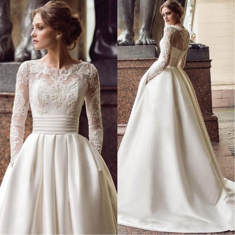

New Design Cheap A Line Wedding Dresses Satin Lace Appliques Sash Illusion Long Sleeves Sexy Button Back Plus Size Formal Bridal Gowns, Ivory