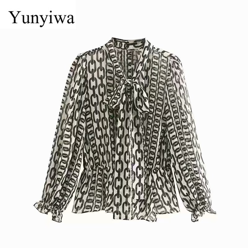 

New Women Vintage Chain Printing Casual Smock Shirts Blouses Women Bow Tied Business Roupas Autumn Femininas Chemise Tops, As picture