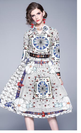 

Women's Fashion Wild Fit Slim Waist Slim Positioning Print Lapel Mid-length Dress, As the picture