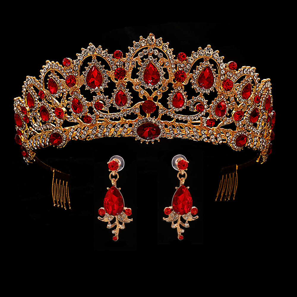 

Red Wedding Crown Gold Royal Bridal Tiara Queen Bride Crown And Earring Pageant Baroque Headband Princess Hair Jewelry Ornament T190620, Golden;white