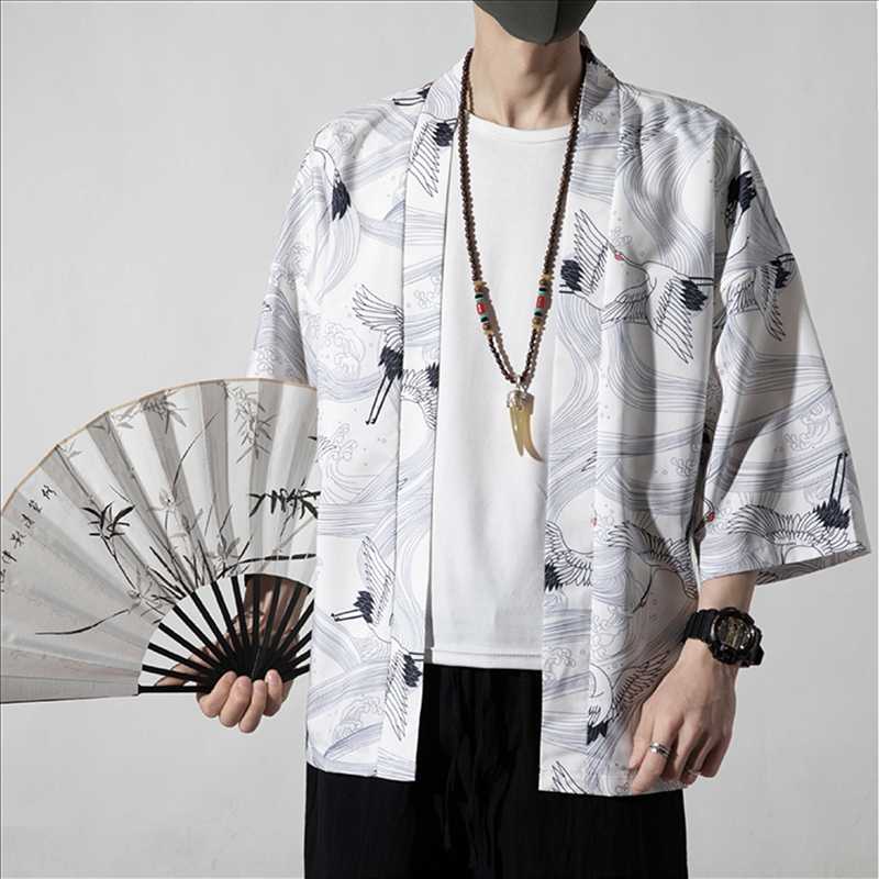 

2020 Streetwear Printed Men Shirt Kimono Casual 3/4 Sleeve Open Stitch Hanfu Vintage Men Cardigan Shirts 7 color Plus Size, 12