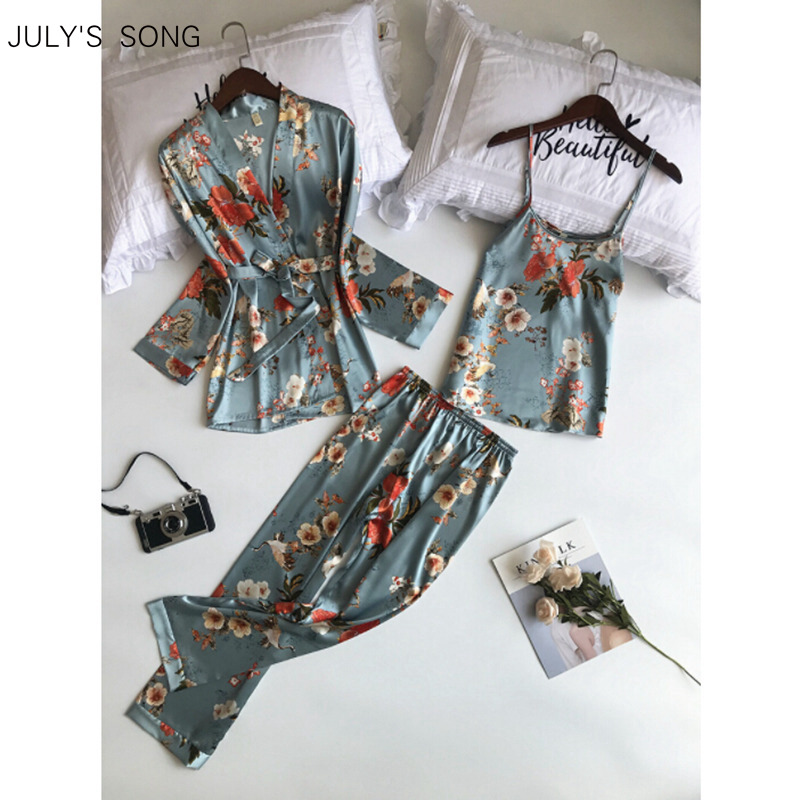 

JULY'S SONG Woman Spring Pajamas Set Sling 3 Pieces Satin Faux Silk Printing Sleep Lounge Long Pants Woman Sleepwear Pajamas, Beige