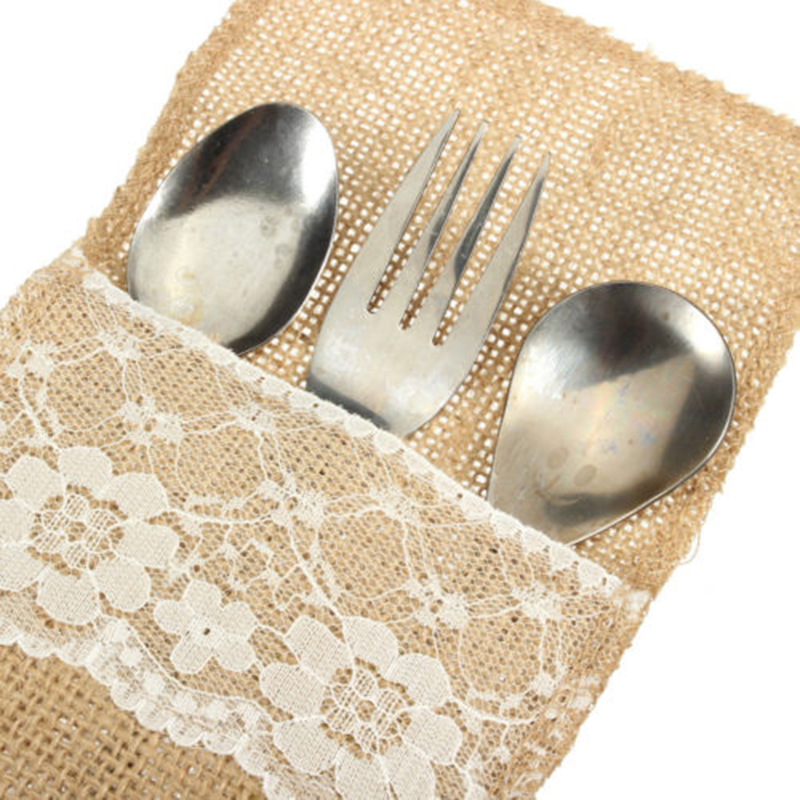 

Burlap Cutlery Bags Hessian Lace Pocket Tableware Holder Wedding Decor