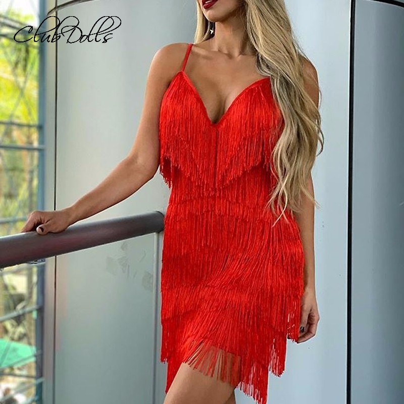 

V Neck Tassel Sexy Cocktail Dresses Mini Backless Back Zipper Party Dress Strap Summer Women Gown, White