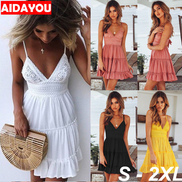 

Womens Lace Dress Floral Romper Tutu White off shoulder Summer Crochet Chiffon Sleeveless Deep V Neck Lace up Dress ouc263a