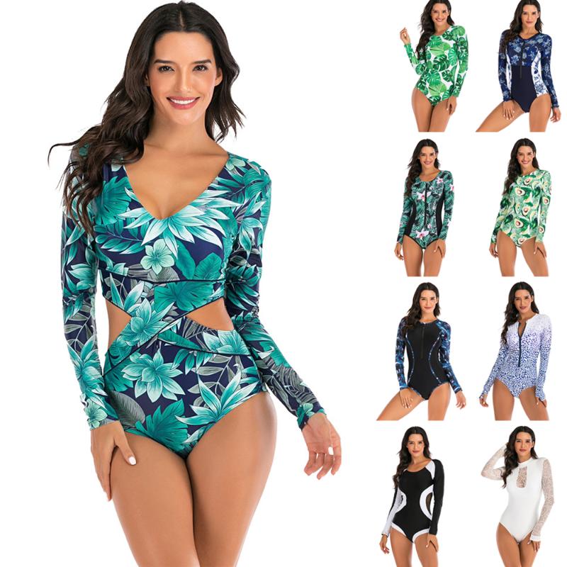 

Long Sleeve Rash Guard Women Print Swimwear Zipper One Piece Swimsuit Cut Out Surf Suit Skirted Diving Clothes Pad Bathing Suit