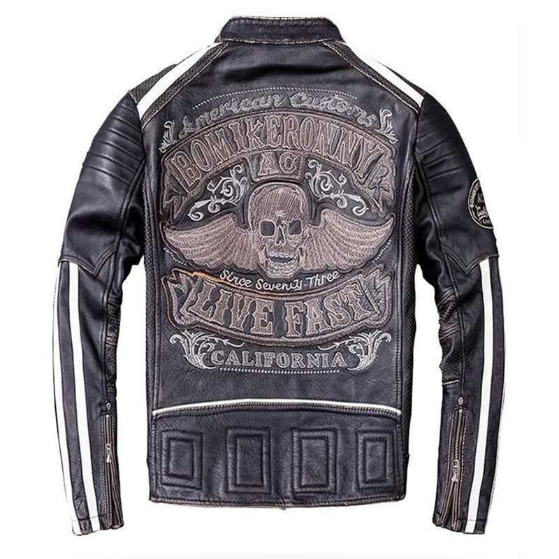 

2020 Vintage Black Men Skull Embroidery Biker' Leather Jacket Plus Size XXXXL Genuine Cowhide Autumn Slim Fit Motorcycle Coat