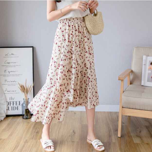 

Female Summer Floral Fishtail Lace Up Skirt Ruffled Irregular Skirts with Lining Women's Bohemian Beach Chiffon Skirts