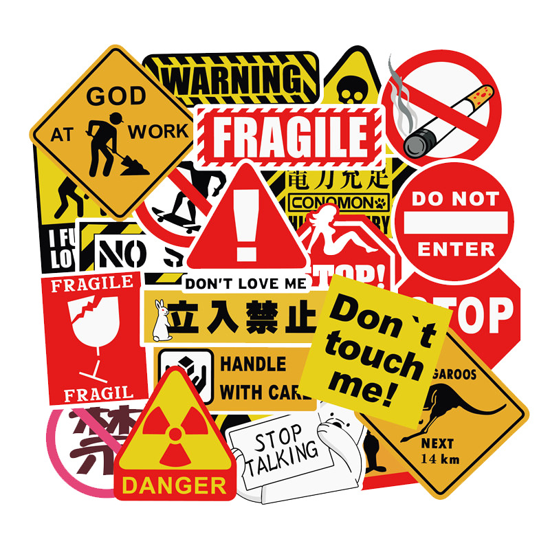 

50pcs Lot Warning Sign Fashion Waterproof PVC Removable Stickers Laptop Skateboard Guitar Luggage Case Car Motorcycle Bike Graffiti Stickers