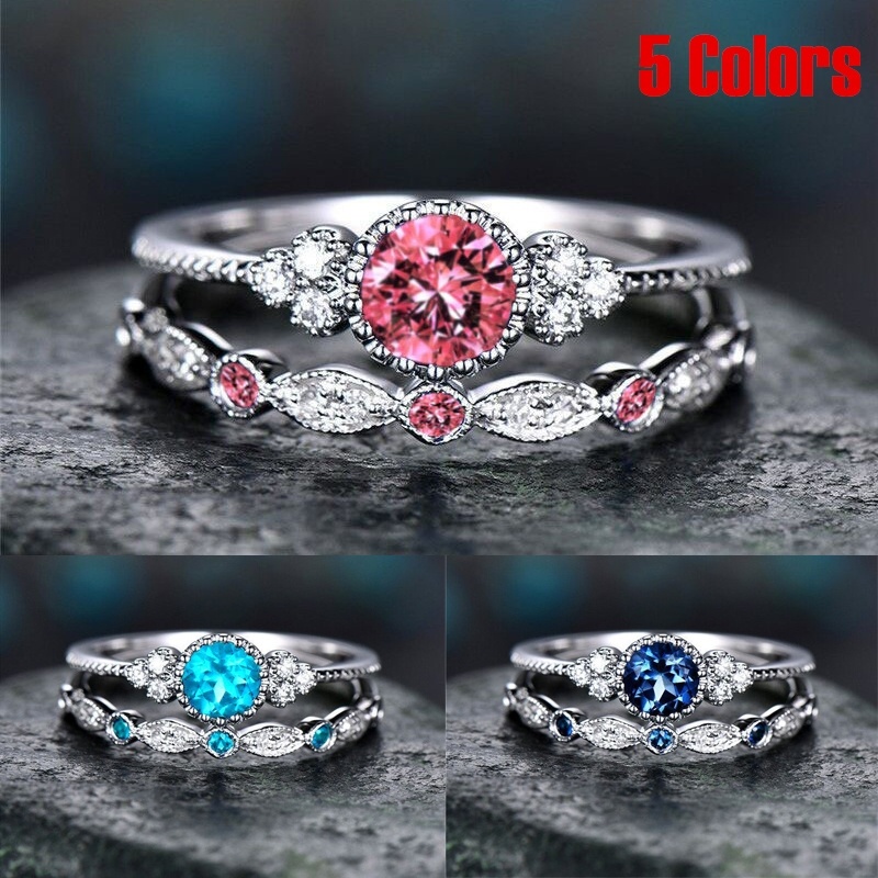 

2Pcs/Set Alloy Silver Pink Diamond Ring Sapphire Gemstone Ring Women's Wedding Zircon Fine Jewelry Rings
