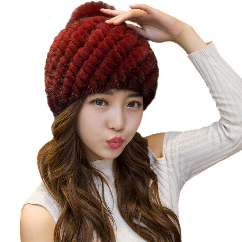 

Real Mink Fur Hats Women Winter Warm Beanie Cap Fox Pom Pom Black Brown Wine Red