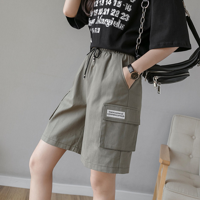 

New Summer Loose Straight Shorts Women Casual Cotton Shorts Boyfriend Style Women Elastic High Waist Short Pant Lady Streetwear, Black