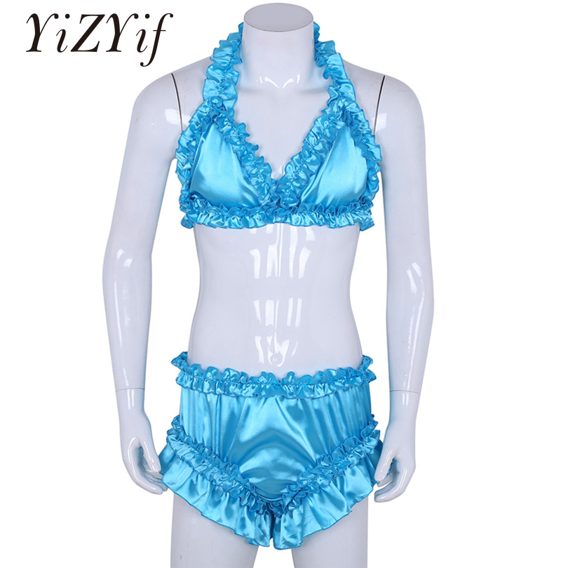 YiZYiF Gay hommes sous-vêtements Sissy culotte doux satin froufrous volants licou cou hauts de soutien-gorge avec culotte Bloomers slips ensemble