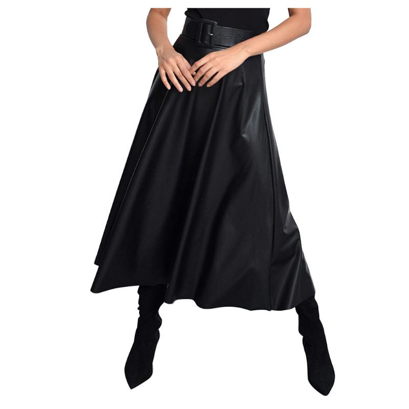 

High Quality Black PU Leather Skirt Women High Waist Midi Jupe With Belt A-line Party Ladies Pleated Faldas Women's Skirt
