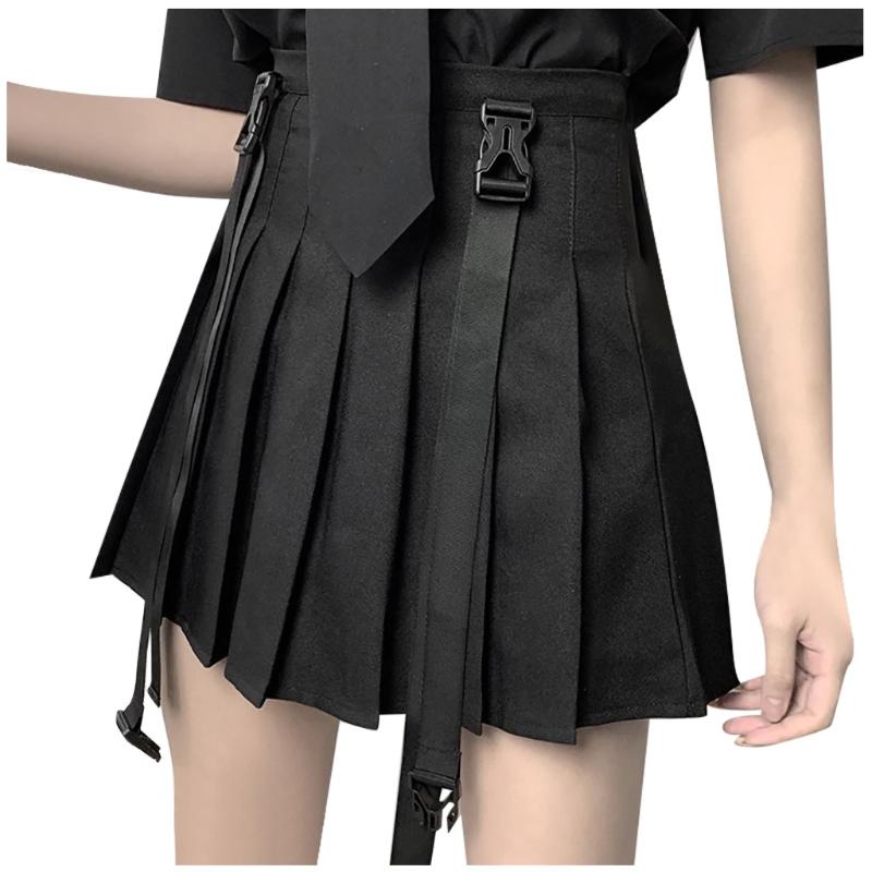 

Skirt Women' JK Uniform High Waist A-Line Pleated Skirt Girl Cool Tooling Style Bandage Tunic Solid Color #YL5, Black