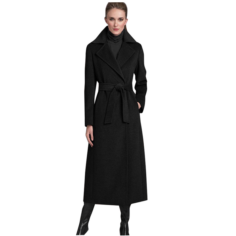 

Savabien Winter Women Coat 2019 Vintage Elegant Long Black Lapel Belted Korean Wool Blend Coat Ladies Trench Outerwear