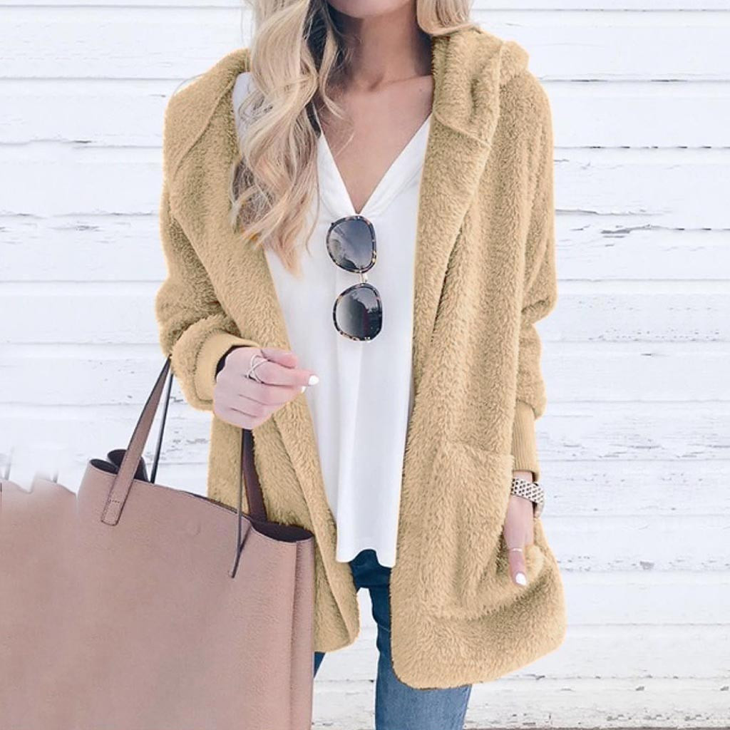 

Fashion Women Cardigan Coat Autumn Winter New Solid Color Plush Hooded New Cardigan Coat Female ladies Blouse Tops, Coffee