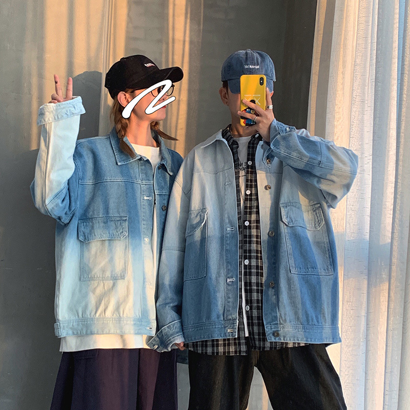 

2020 Spring And Autumn New Youth Popular Color Matching Denim Jacket Fashion Casual Wild Loose Top White / Blue -2XL, White and blue