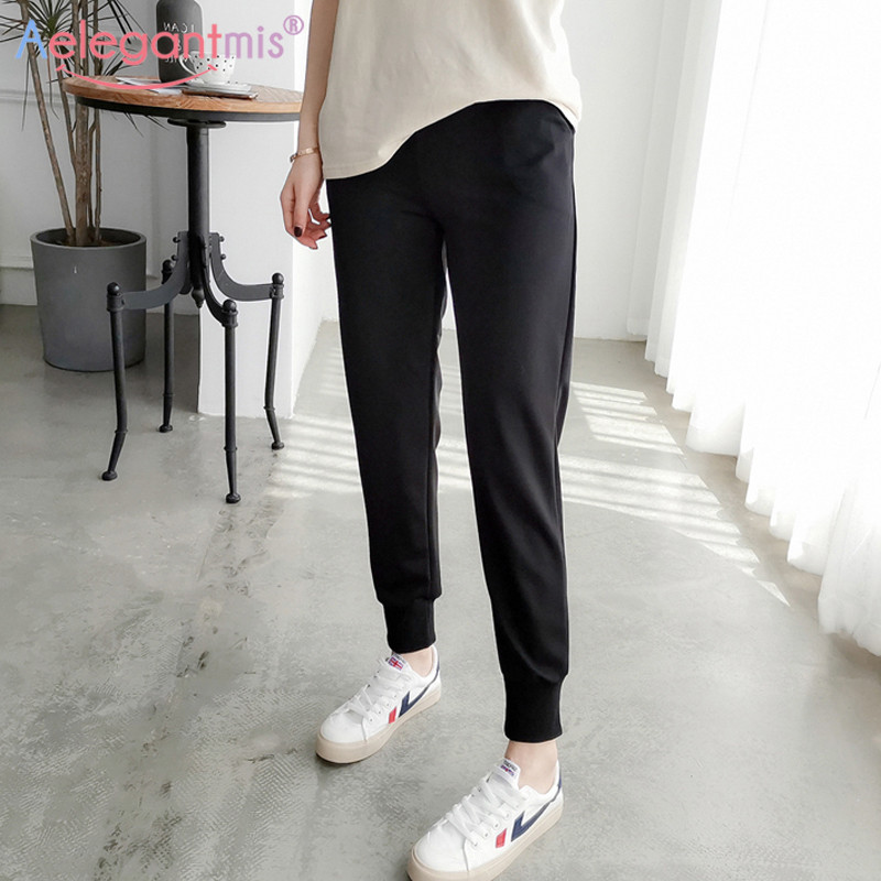 

Aelegantmis Fashion Classic Black Women Casual Pencil Pants High Waist Slim Female Harem Pants Ladies Leisure Long Trousers
