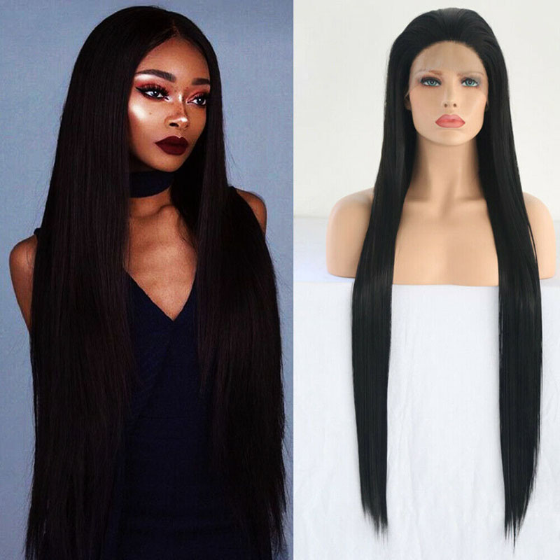 

AIMEYA Super Long Black Lace Front Wig for Women Free Part Silky Straight Synthetic Wigs Glueless Heat Resistant Fiber Hair Wig, As pic
