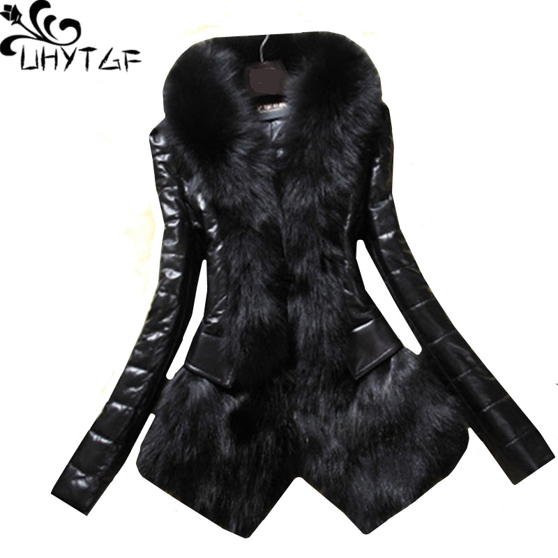 

UHYTGF Women winter fur coat pu leather splice Faux fur collar Slim warm outerwear Elegant female coat -3XL 120, Black