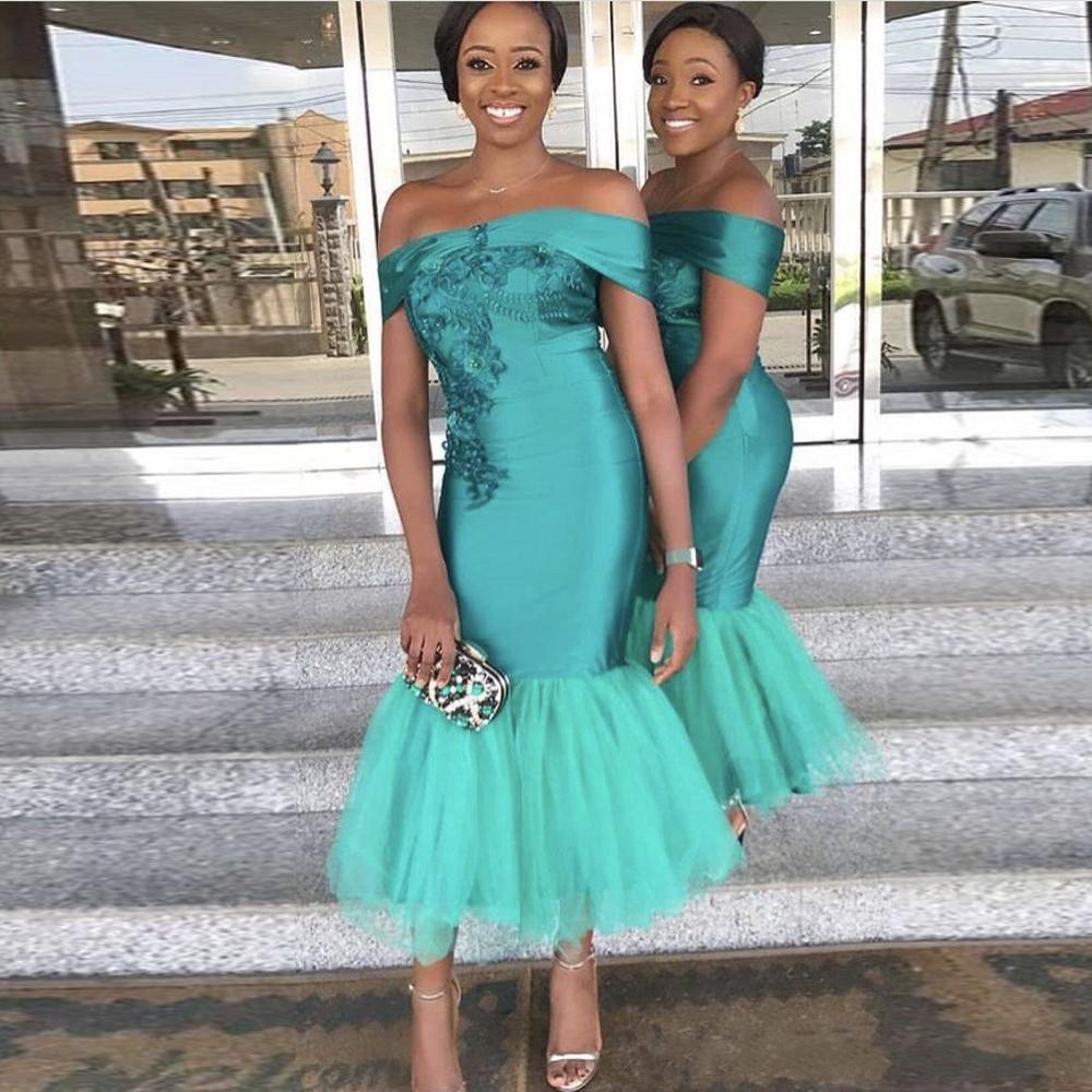 

Turquoise Mermaid Bridesmaid Dresses Sexy Off Shoulder Maid of Honor Gowns Ankle Length Wedding Tulle Short Formal Party Dress