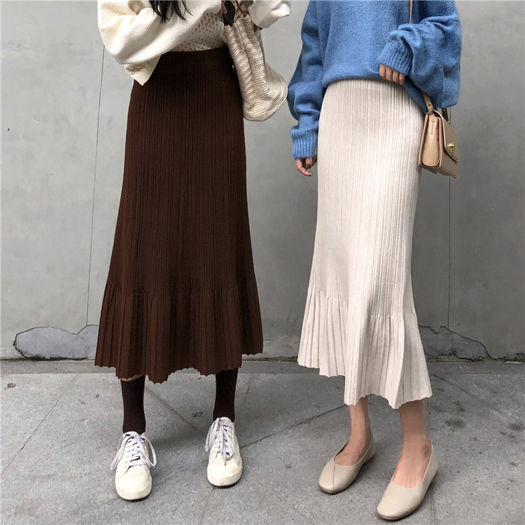

Korean Autumn Winter Knit Loose High Waisted Long Skirt Casual Pleated Skirts For Women Skirts, Black