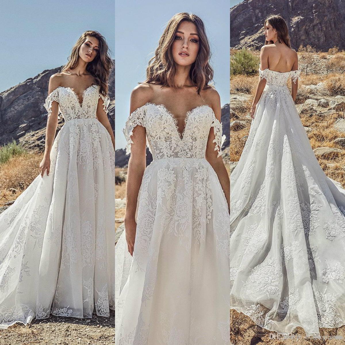 

2019 Beach Wedding Dresses Off Shoulder Lace Country Sweep Train Garden Cheap Bridal Gowns Plus Size Bohemian Vestido De Novia, Pink