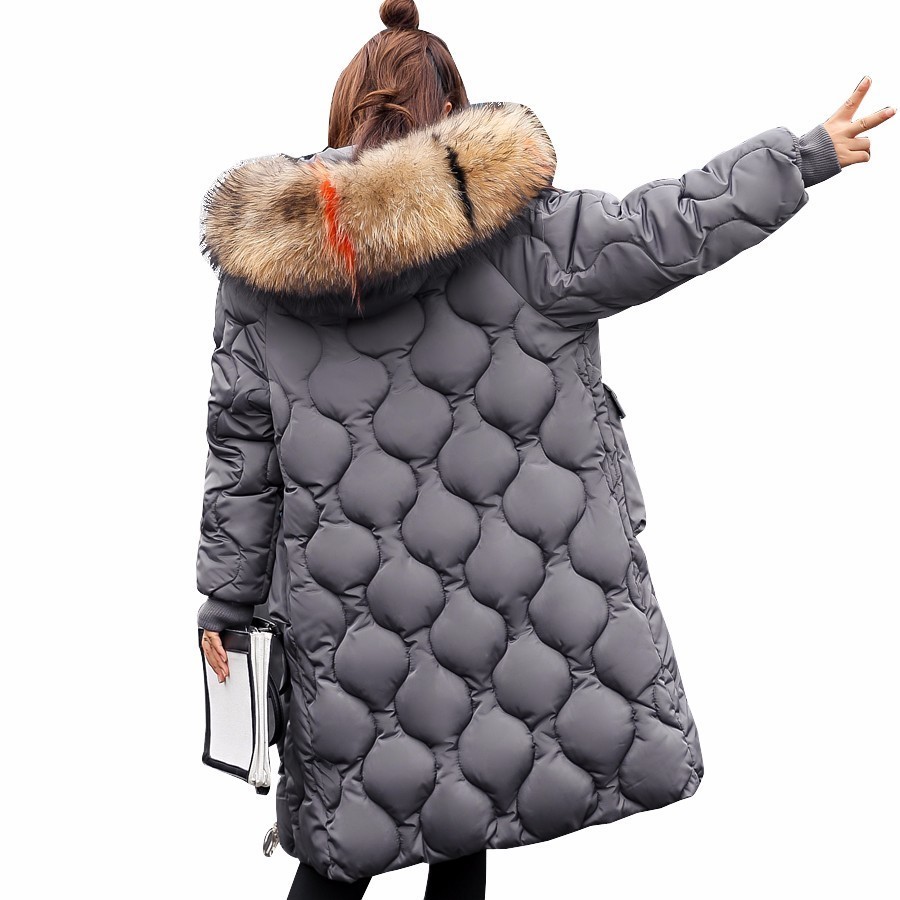 

2018 Winter Women Coats Oversize Artificial Raccoon Hair Collar Female Parka Brown Thick Cotton Padded Lining Mujer Jacket PJ222, Dark grey