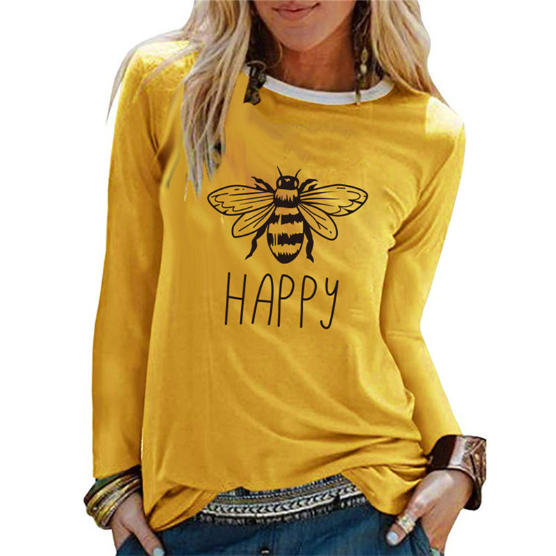 

Bee Happy Print Long Sleeve Shirt Women Tshirts Casual Patchwork Cute Graphic Tees Harajuku Autumn Vogue T-shirt Female T shirt, Black