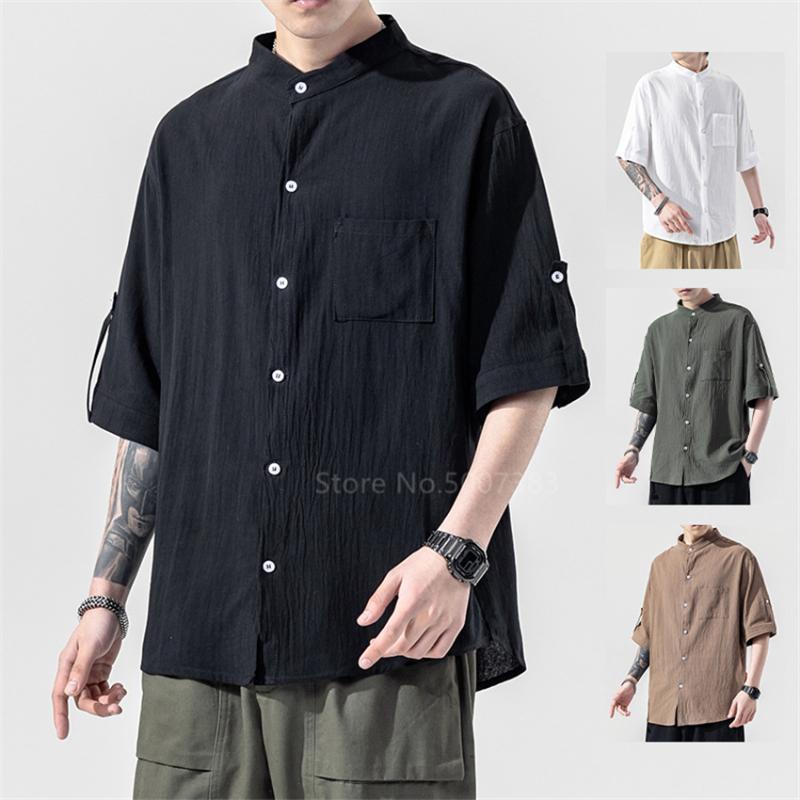 

Chinese Traditional Style Tops Men 2020 Sprint Shirts Linen Cotton Casual Short Sleeve Stand Collar Loose Retro Uniform