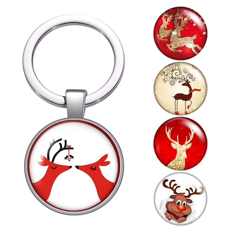 

Christmas Gift Reindeer Elk Glass Cabochon Keychain Bag Car Key Chain Ring Holder Charms Silver Keychains For Men Women Gifts