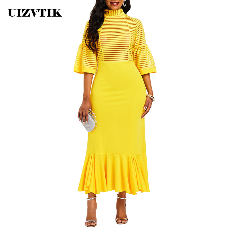 

Summer Autumn Dress Women 2019 Sexy Club Net Yarn Perspective Pretty Banquet Long Party Dress Casual Turtleneck Mermaid Dresses, Black