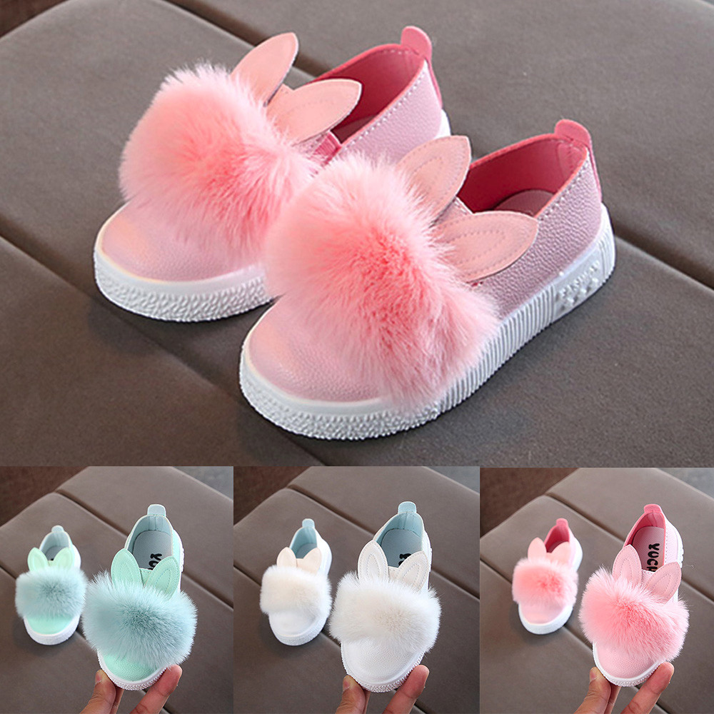 

Children shoes Toddler Baby Fur Sneaker Girls Cute Bunny ears furry princess solid color Soft Anti-slip Single Shoes All Seasons
